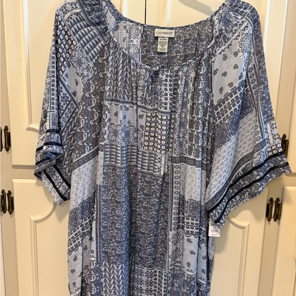 Catherines Blue and White Cuffed Sleeve Blouse